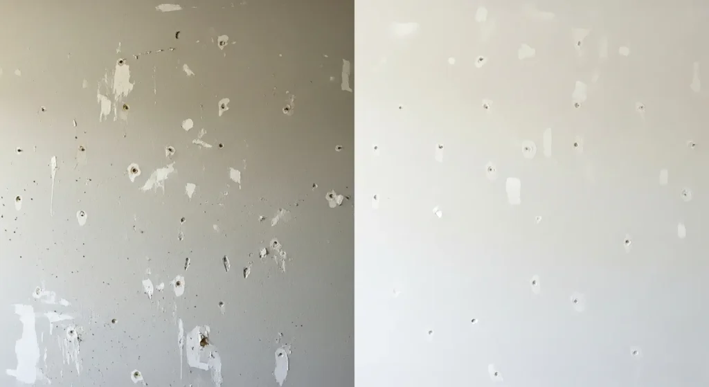 Split image showing unprepared wall with imperfections versus clean, primed wall ready for wallpaper