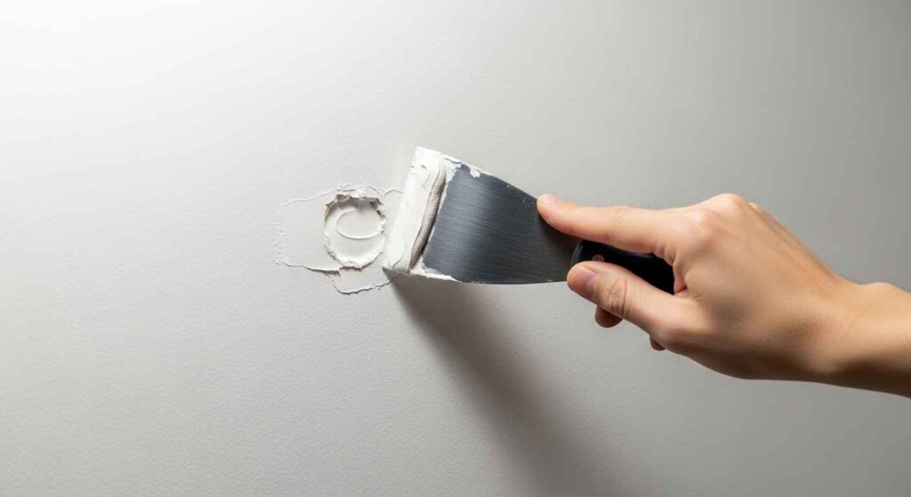 Hand applying spackling paste to a wall hole with a putty knife.