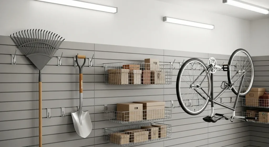 Garage wall storage system holding tools.