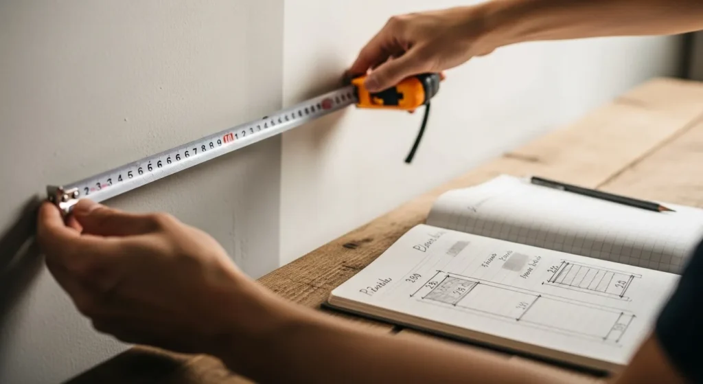 Person measuring wall with tape measure and marking measurements on paper