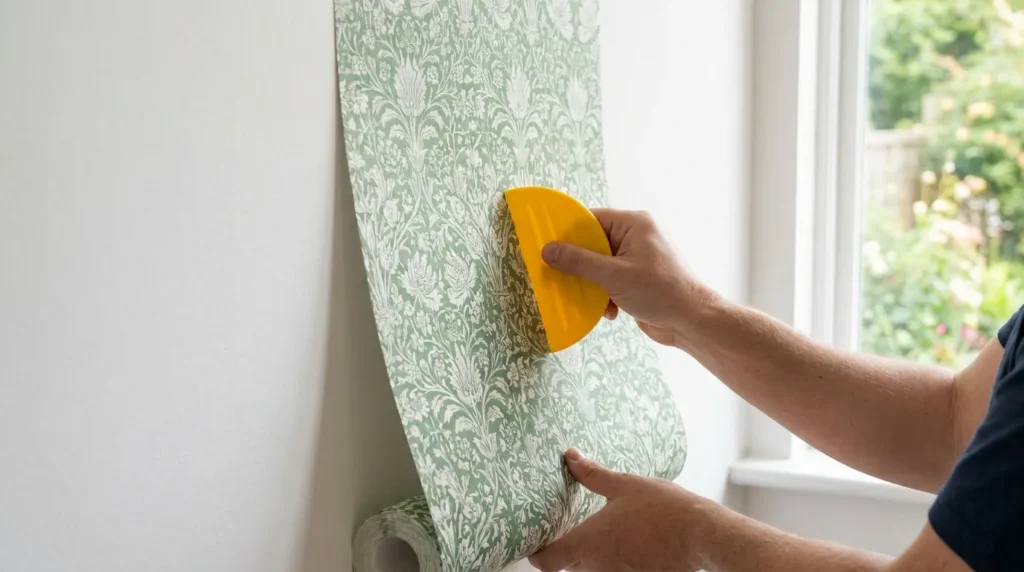 Person using plastic wallpaper smoother to press peel-and-stick strip onto wall during DIY installation