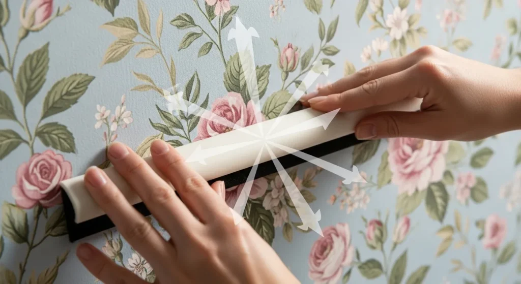 Hands using smoothing tool on wallpaper, working from center outward to remove bubbles