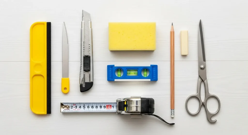Flatlay of wallpaper installation tools including smoothing tool, utility knife, measuring tape, level, and sponge