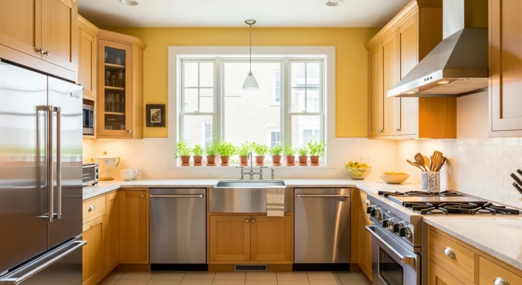  Kitchen with warm yellow walls and wooden cabinets creating cozy cooking space