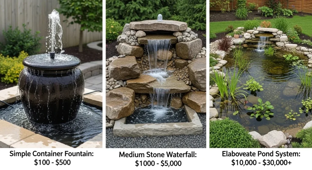 Side-by-side comparison showing budget, mid-range, and premium DIY water features