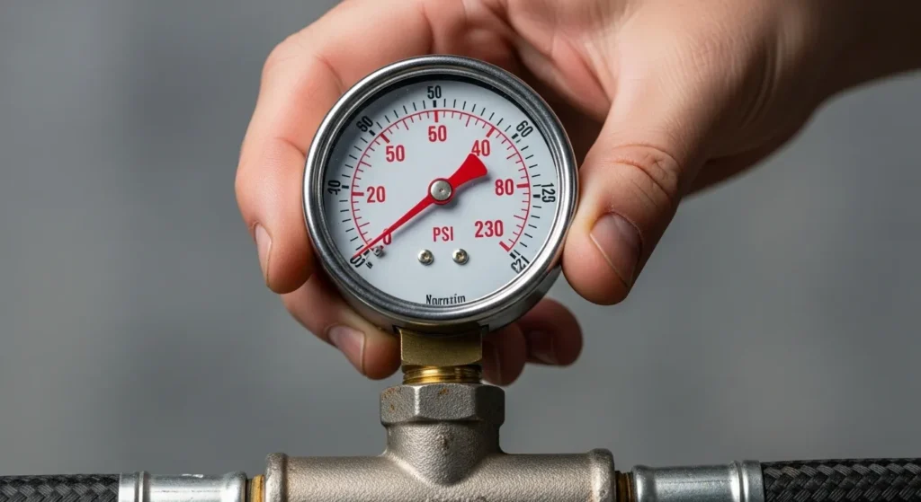 Hand holding a water pressure gauge connected to a pipe.