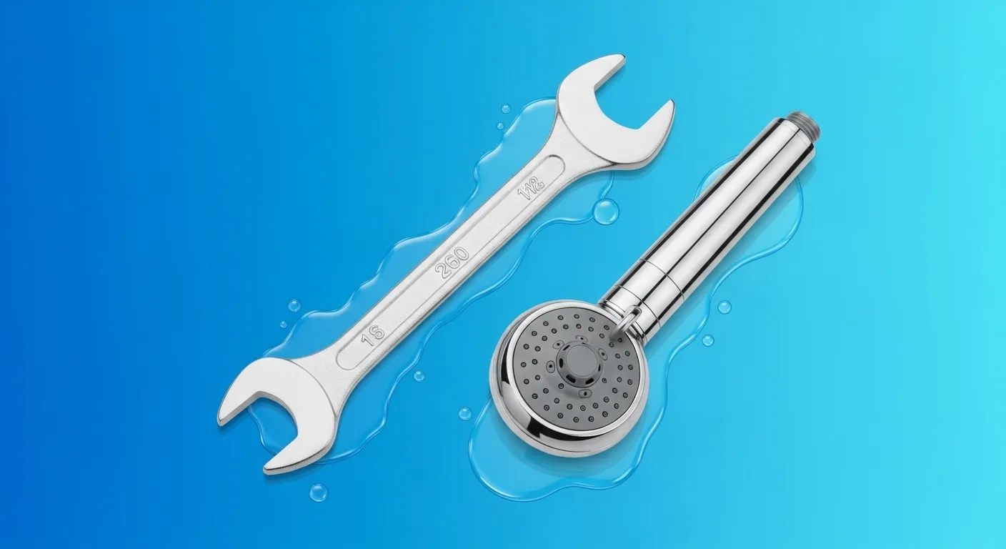 Wrench and showerhead on a blue background for water pressure fix.