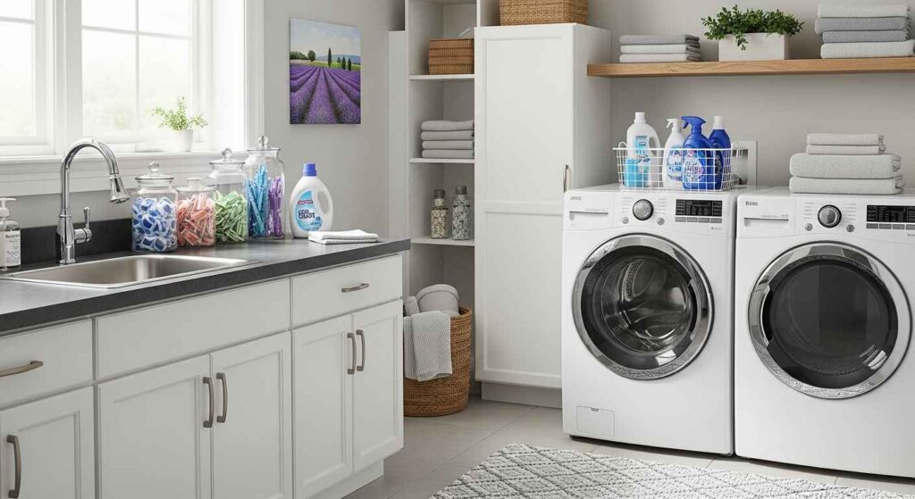 Clean, organized laundry room showing proper dryer maintenance and organization