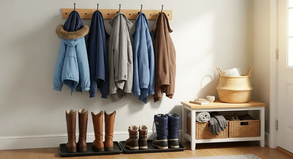 Functional entryway showing winter coats on hooks with organized boot storage and accessories