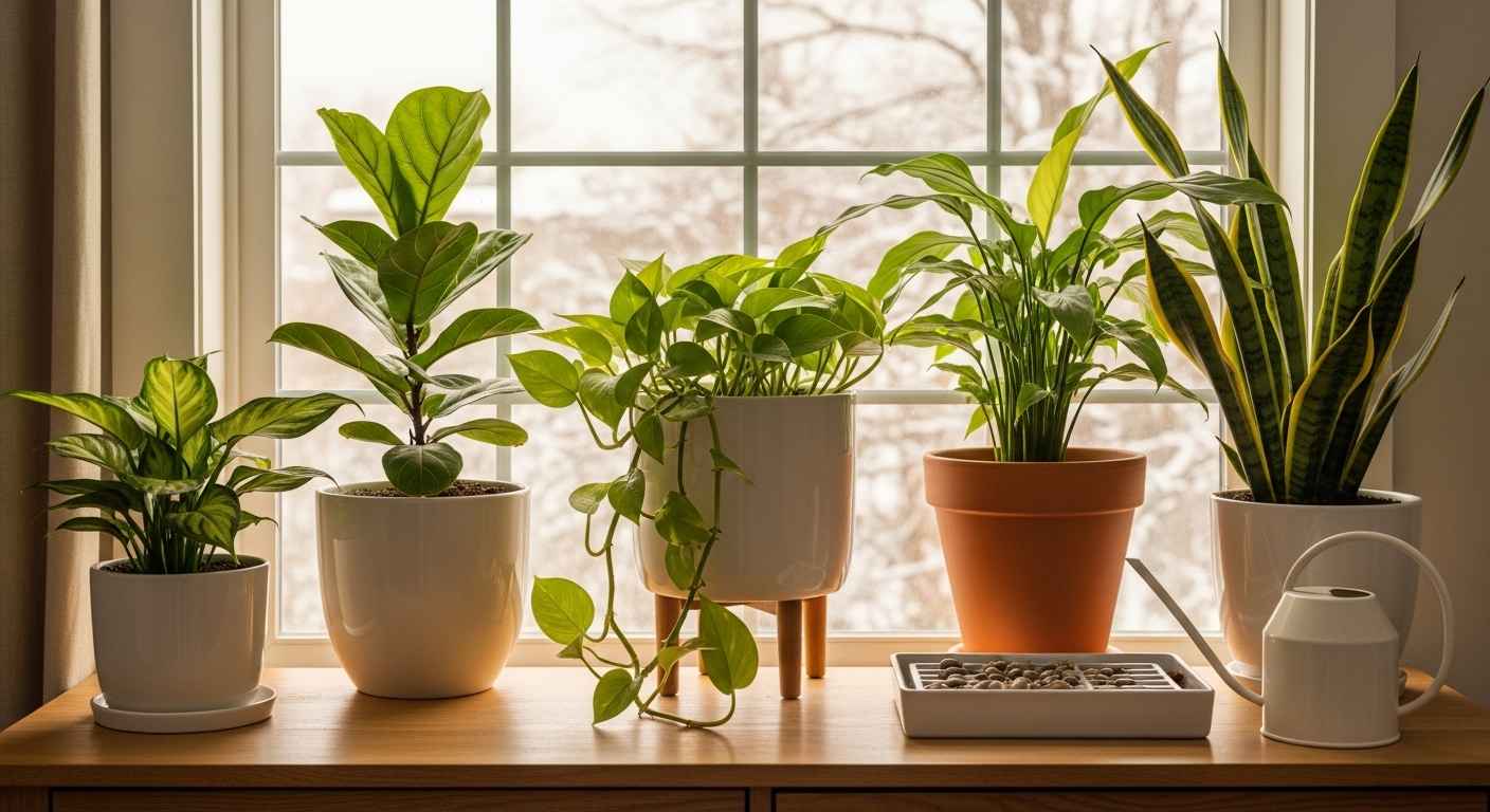 Healthy indoor plants thriving near window during winter months