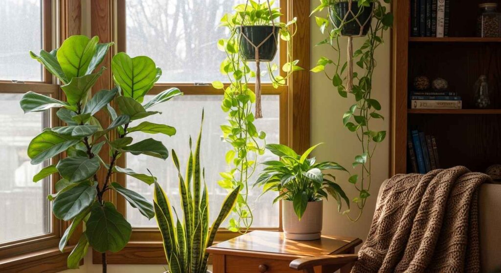 Indoor plants positioned near window for winter light