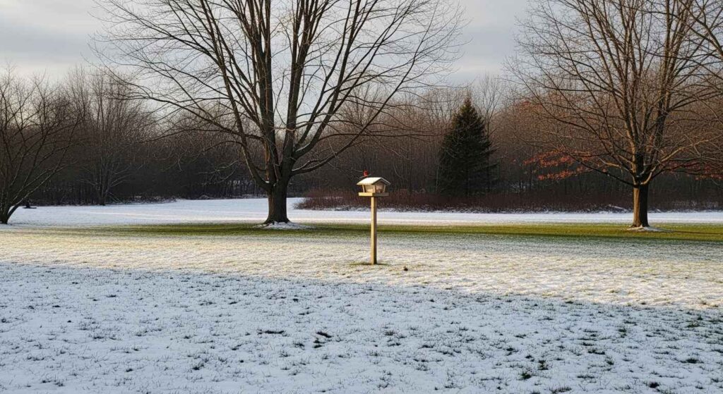 Snow-covered dormant lawn in winter landscape