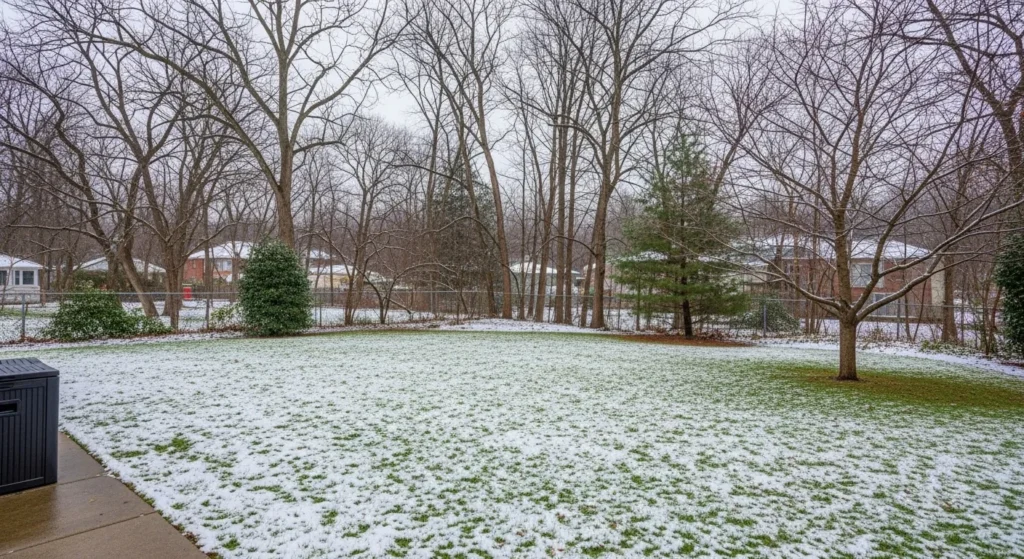 Snowy lawn with no footprints in winter scene.