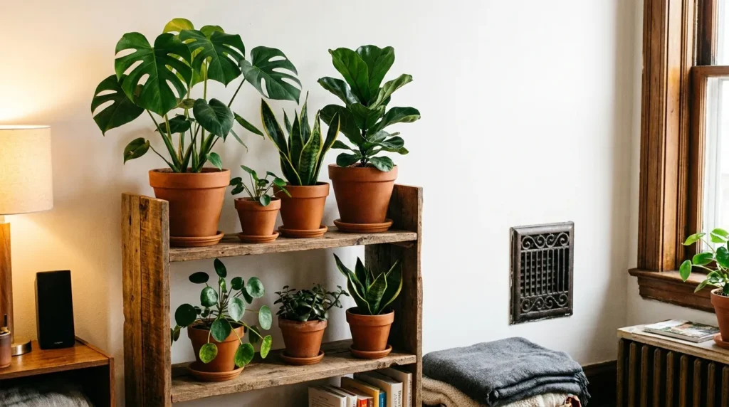 Indoor tropical plants on a shelf positioned away from a heating vent
