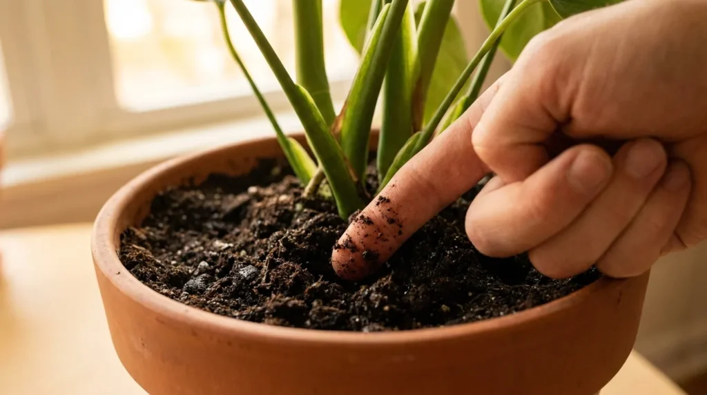 Finger test for soil moisture in a potted houseplant
