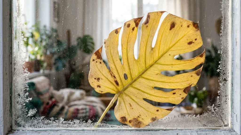 Yellowing Monstera leaf near a cold window in winter