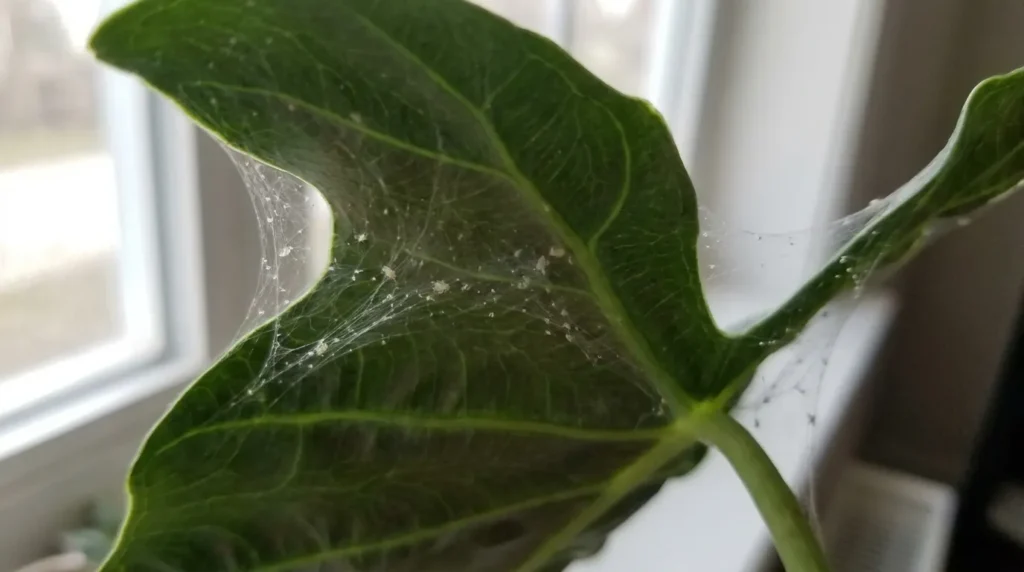 Spider mite webbing visible on underside of houseplant leaf