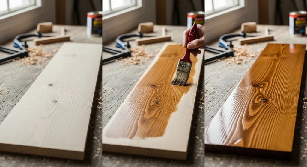 Wood finishing stages from raw reclaimed wood to final protective finish