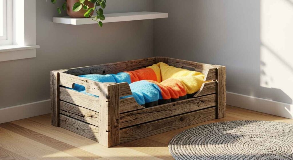 A rustic wooden crate pet bed with a colorful cushion, placed in a cozy corner.