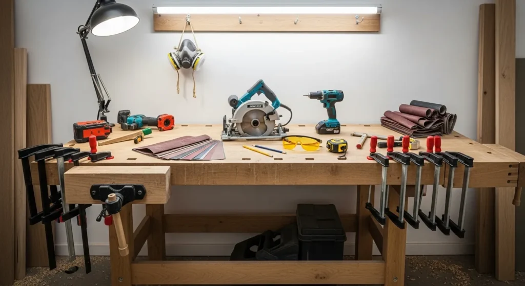  Woodworking tools including saw, drill, clamps, and sandpaper laid out on workbench