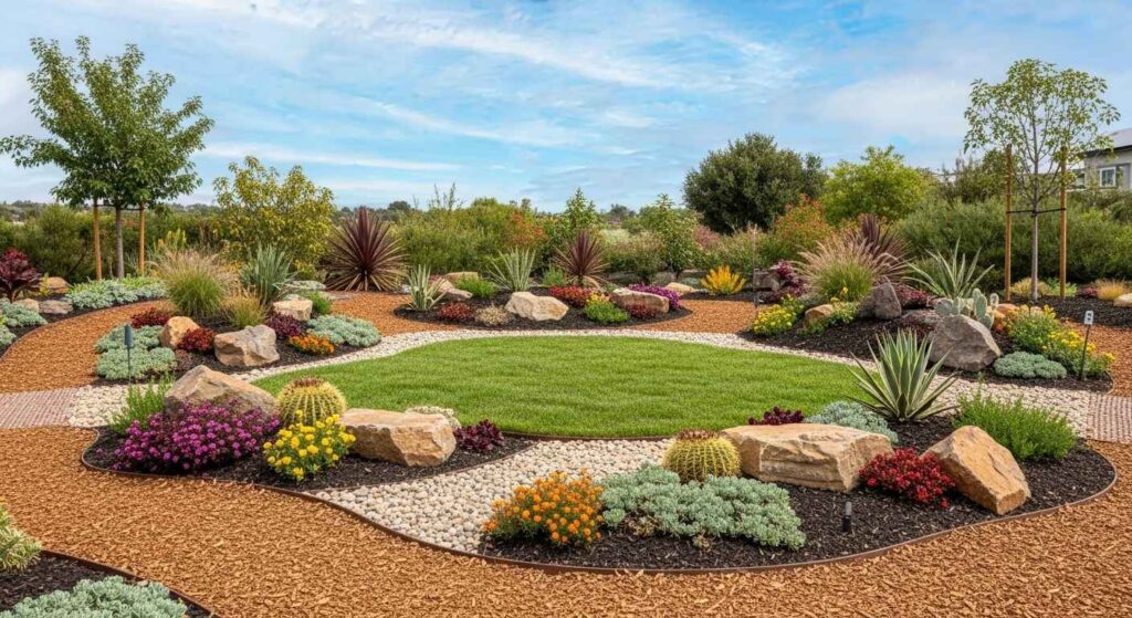 Xeriscape design featuring drought-resistant grass and native plants