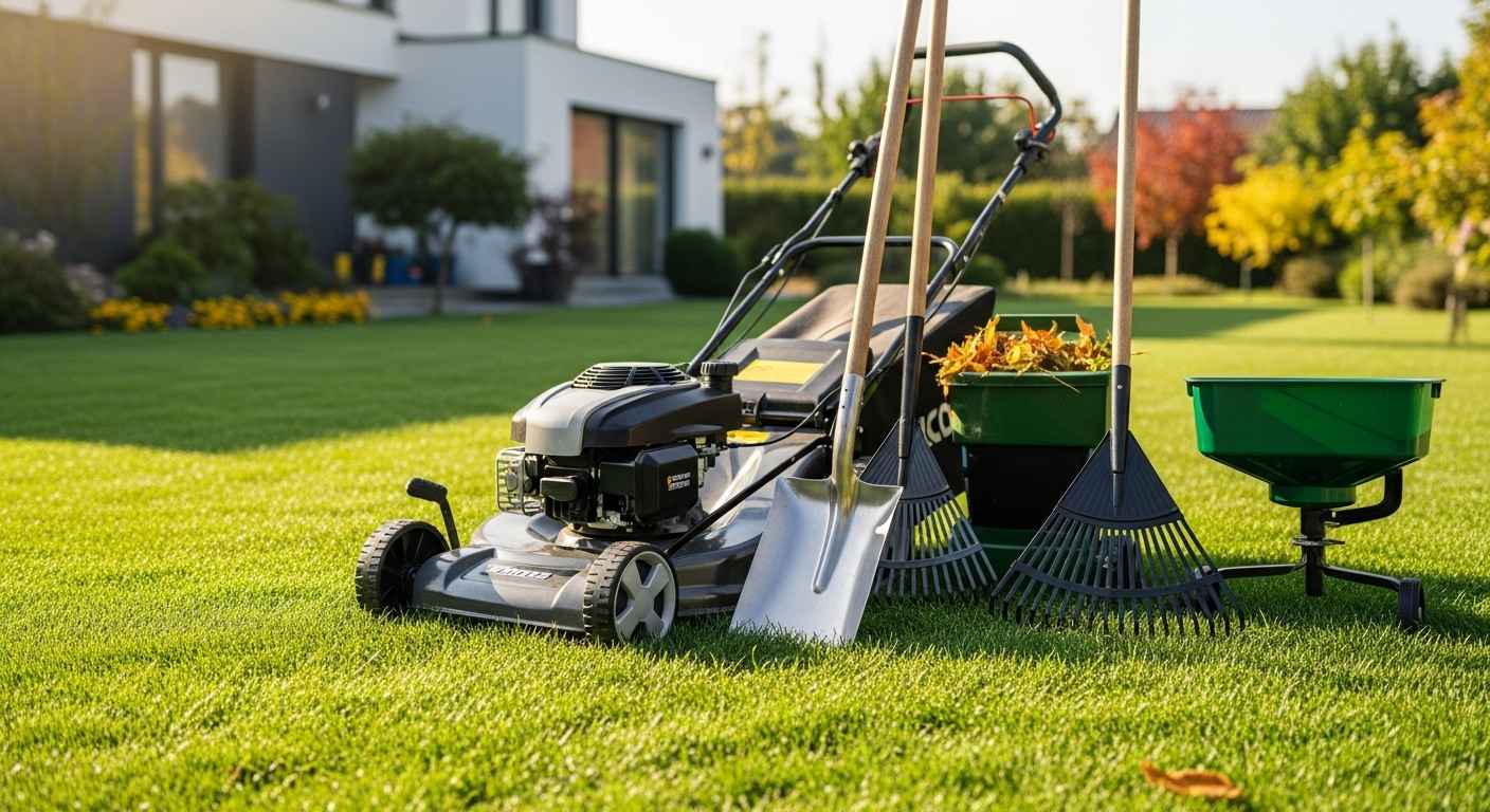 Professional lawn care tools arranged on lush green grass with house in background