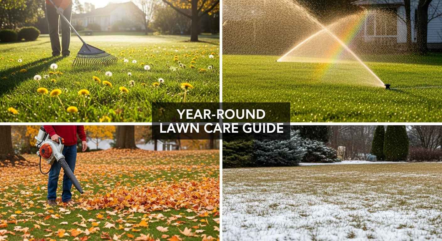 Four seasons lawn care guide thumbnail showing spring, summer, fall and winter lawn maintenance