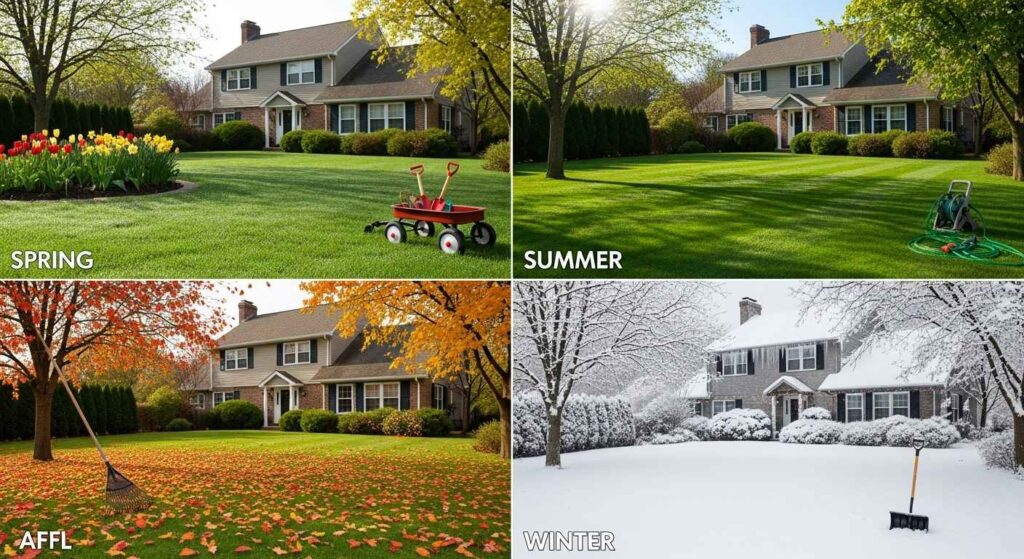 Four seasons of lawn care showing healthy grass throughout the year