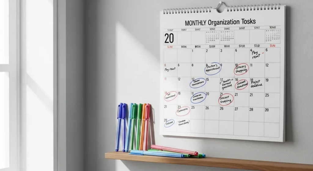 Wall calendar with monthly home organization tasks marked for seasonal maintenance